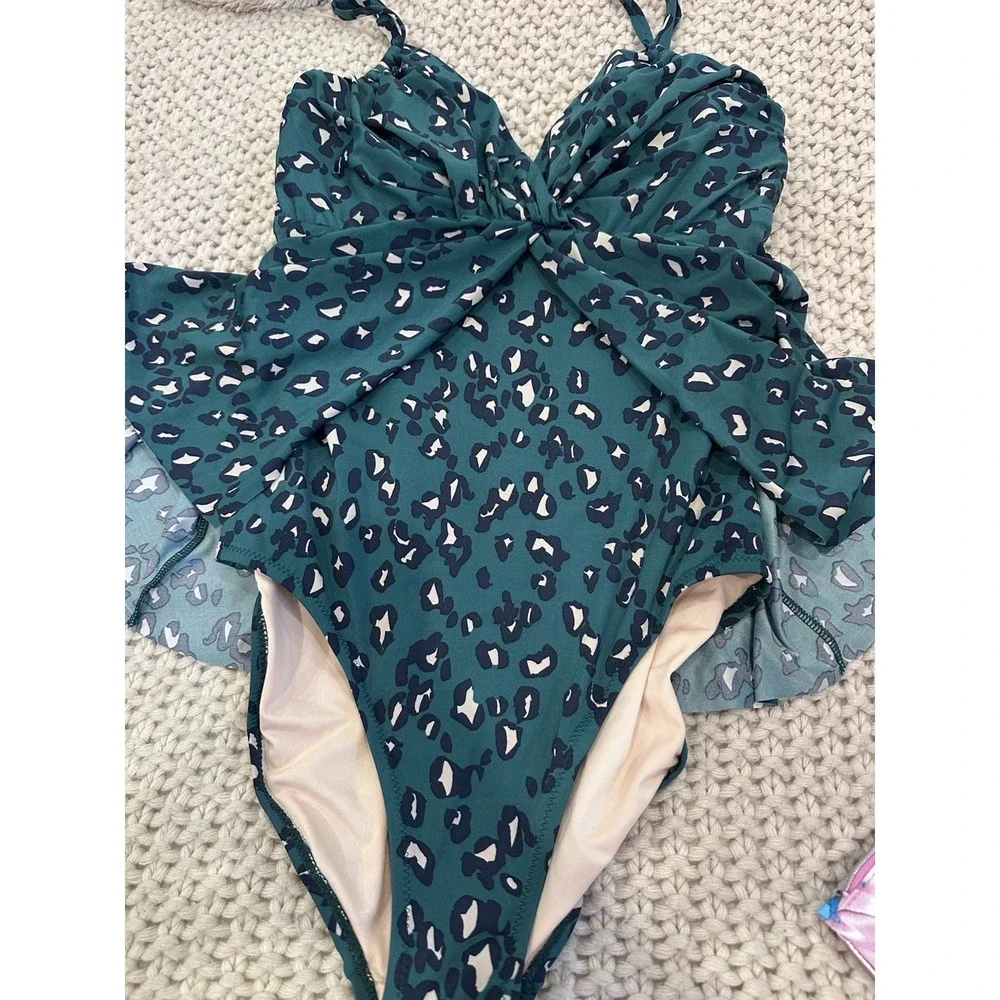 Garnet Hill One Piece Swimsuit‎ 10 Teal Leopard Twist Front Tummy Control Nwot
